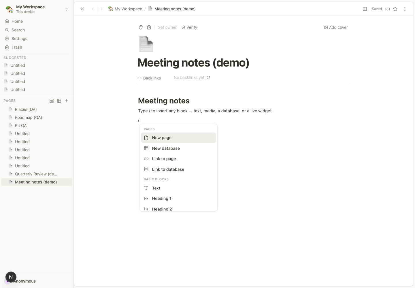 The slash menu open in the OpenBook editor